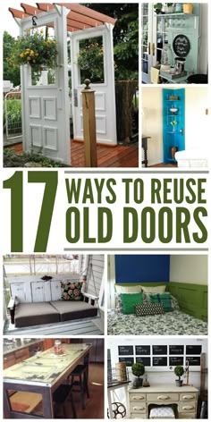 the cover of 17 ways to reuse old doors, with pictures of furniture and accessories