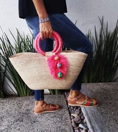 "FREE SHIPPING IN USA This bag is SIZE: 13.5 \"x14\" / 34.2x35.5 cm (height x width) Handmade bag with palm leaves. Perfect summer bag: for the beach, a picnic in the park or to wear your favorite outfit ... very versatile, with all the summer style. This bag is handwoven in Mexico from sustainable palm leaves decorated with unique applications. Materials: palm leaves. Please note that these bags are handmade, shapes and sizes may vary slightly." Mexican Palm, Bag For The Beach, Personalized Bags, Hippie Bags, Picnic In The Park, Round Bag, Bag Handmade, Handmade Boho, Personalize Bag