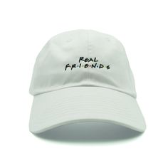 Real Friends Dad Hat - White Cheap White Fun Snapback Hat, Cheap Funny White Trucker Hat, Funny White Baseball Cap, Funny White Baseball Cap Trucker Hat, Customizable White Dad Hat, One Size, White Dad Hat, Cute Caps, Dad Caps