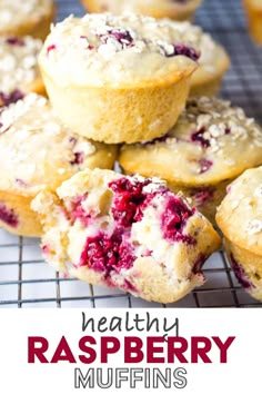 healthy raspberry muffins on a cooling rack with the title above it