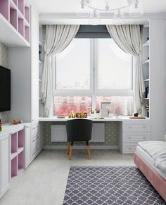 a bedroom with a bed, desk and window