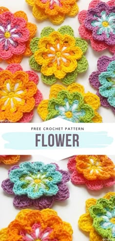 crochet flower pattern is shown in three different colors