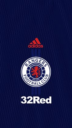 the adidas logo is shown on a blue jersey with red and white stripes that read 32 red