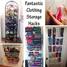 several pictures of different types of storage racks in the closet, with text overlay that reads fantastic clothing storage hacks