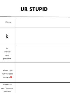 a table with two different types of words in each language, including the letter k