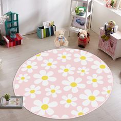 a child's room with teddy bears, toys and rugs on the floor