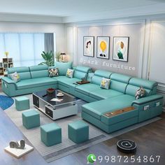 a living room filled with blue couches and chairs