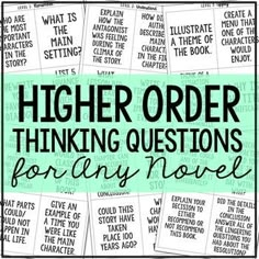 the words higher order thinking questions for any novel are in black and white with green background