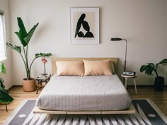 a bed sitting in a bedroom next to a plant on top of a wooden floor