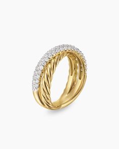 a gold ring with three rows of diamonds on the top and bottom, set in 18k yellow gold