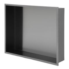 an empty wall mounted cabinet with no doors on the front and back sides, in stainless steel