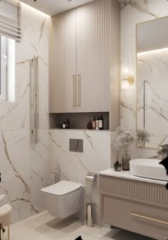 a modern bathroom with marble walls and flooring