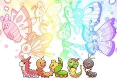 some very cute cartoon animals in front of a rainbow colored background with butterflies and flowers