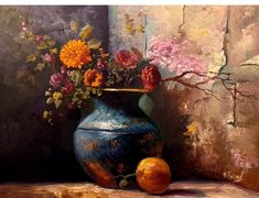 a painting of flowers in a blue vase next to an orange