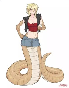 a woman in shorts and top with a snake on her chest