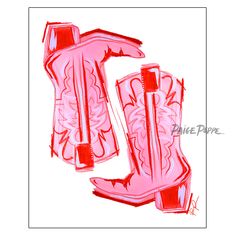 a drawing of the letter u in pink and red with cowboy boots on each side