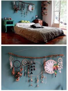 there are two different pictures of the same room in this house and one is decorated with dream catchers