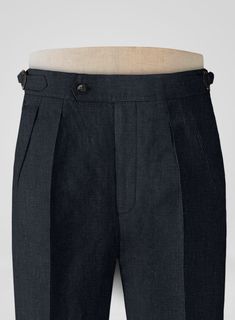 Classic luxury doesn't come any better than our well-tailored Dark Blue Linen Highland Trousers. Crafted from linen, the pants are the pinnacle of laid-back summer style, as linen is breathable and keeps you all aired out.    Look Includes    Dark Blue  Linen  Fabric  Cross Pocket  Forward 2 Pleats  Side Tabs (No Loops)- Arrow Shape  Bottom Cuff (1.5")  Two Welted Back Pockets on Trousers   You can change the look during customization if required.   Lining: Viscose, Dry Clean. Tailored Linen Pants With Pockets, Formal Linen Bottoms With Pockets, Tailored Linen Straight Pants, Business Casual Linen Trousers, Classic Linen Bottoms In Flax Color, Classic Flax Linen Bottoms, Classic Linen Flax-colored Bottoms, Tailored Linen Pants With Welt Pockets, Linen Trousers With Welt Pockets