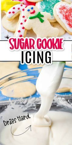 sugar cookie icing is being poured into a bowl