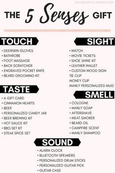 the 5 senses gift list with text on it