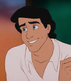 an animated image of a man with blue eyes and black hair wearing a white shirt