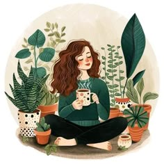 a woman sitting on the ground holding a coffee cup in front of potted plants