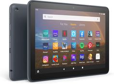 an image of a tablet with icons on the front and back side, shown in black