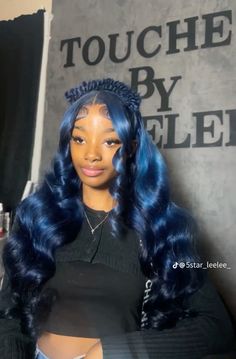 Sliver Wig Hairstyles, Side Part Colored Wig, Teal Wig Black Women, Ginger Wig On Dark Skin, Blue Wig Hairstyles, Blue Wigs For Black Women, Colored Wigs On Dark Skin, Navy Blue Wig, Blue Hair Black Women