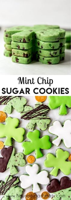 mint chip sugar cookies with chocolate chips and green frosting on the top, next to each other