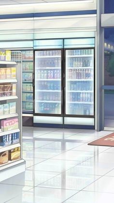 an empty grocery store with refrigerators full of food and drinks in it's display area