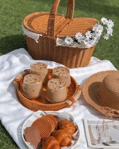 there is a picnic set out on the grass with drinks and snacks in front of it