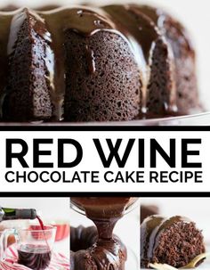 red wine chocolate cake recipe on a white plate with the title above it and images below