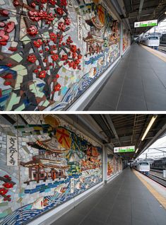 two pictures of a subway station with colorful tiles on the wall, and an empty platform