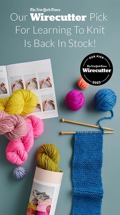 yarn and knitting supplies with the text our wirecuter pick for learning to knit is back in stock