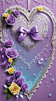 a purple heart with roses and lace on it