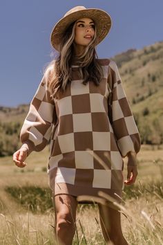 Mattie Checkered Sweater Dress | Taupe - Baltic Born Plaid Sweater Dress, Checkered Sweater, Womens Winter Dresses, Fall Sweater Dress, Baltic Born, Sweater Dresses, Taupe Color, Cup Size, Fall Wardrobe