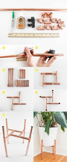 the instructions for how to make an easy diy plant stand with copper pipe and wood