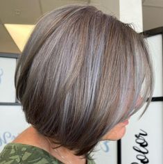 Warm Brown Bob with Gray Highlights Grey Hair With Brown Lowlights, Gray Highlights Brown Hair, Soft Blonde Hair, Gray Highlights, Golden Brown Hair Color