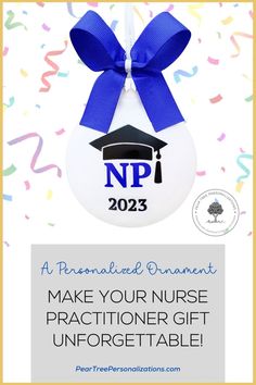 a white ornament with a blue ribbon on it that says, make your nurse appreciation gift unforgettable