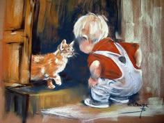 a painting of a little boy playing with a kitten on the floor in front of a mirror