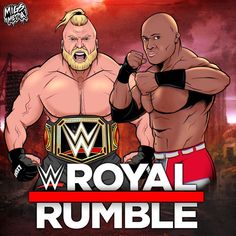 two men standing next to each other with the words royal rumble on top of them