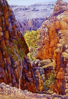 a painting of rocks and trees in the desert