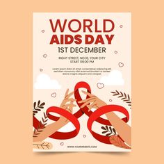 world aids day poster with hands holding red ribbon and hearts in the air on an orange background