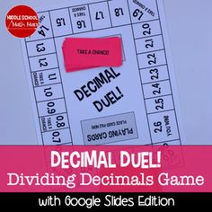 This dividing decimals game helps students practice dividing decimals by whole numbers and dividing decimals by decimals. In the activity students must answer problems involving division of decimals as they move their game piece around the game board. The game includes a printed and digital Google slides version.Landing on a "Take a Chance" spot adds some luck into the game, as these cards either move a player forward or back spaces.You can get this resource and many of my other 6th grade resour Decimal Games, Middle School Games, Dividing Decimals, Fraction Games, Math Board Games, Adding And Subtracting Fractions, Sixth Grade Math, Subtracting Fractions, Fractions Decimals