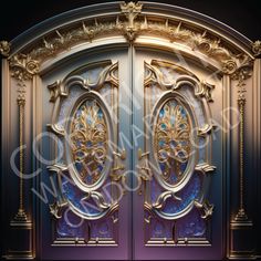 an ornately designed double door in gold and blue