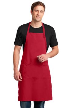 a man wearing an apron and black t - shirt with his hands in his pockets