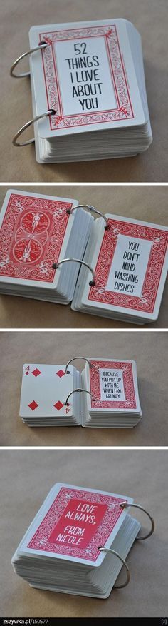 four different views of an open book with red and white cards attached to the cover