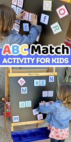 two photos with the words abc match and an image of a child playing with letters