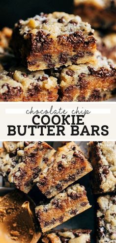 chocolate chip cookie butter bars stacked on top of each other with the title above it