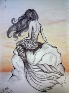 a drawing of a mermaid sitting on top of a rock with her hair blowing in the wind